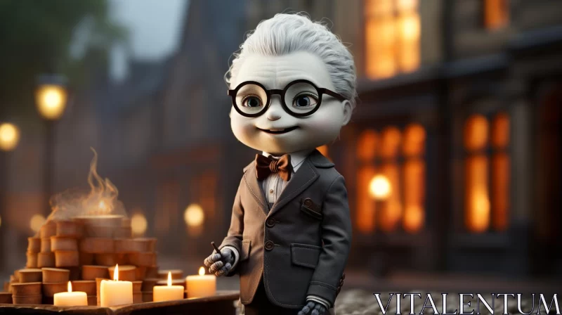 Glasses-Clad Cartoon Character with Candles Amidst Cityscape