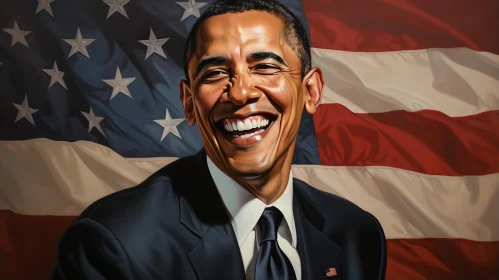 Joyful and Optimistic Painted Portrait of Barack Obama with American Flag AI Image