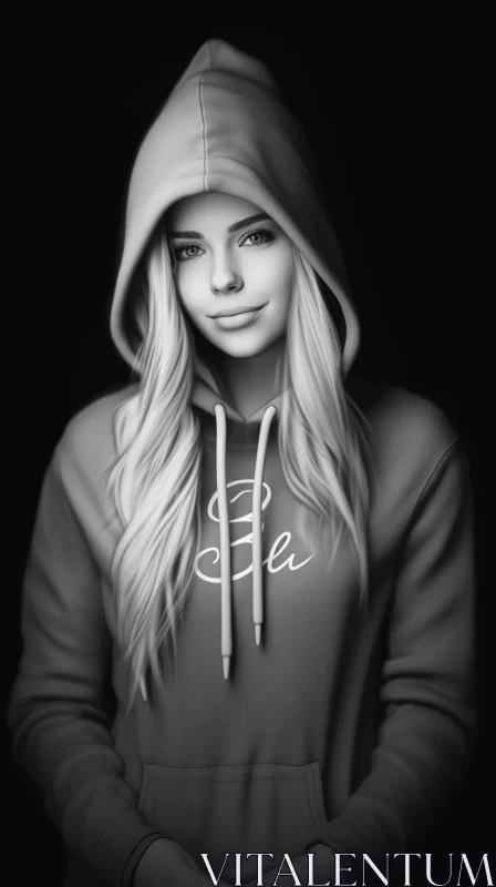 AI ART Monochrome Illustration of a Dreamy Blonde Girl in Hoodie