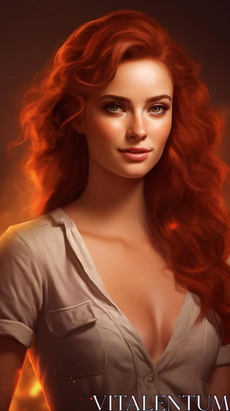 Red-haired Woman in White Shirt - A Realistic Fantasy Illustration AI Image