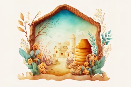 Surreal Watercolor Landscape with Honey House and Window