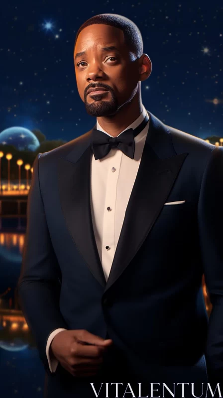 Man in Luxurious Tuxedo Against City Skyline AI Image