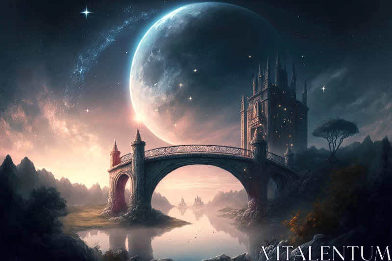Moon Bridge in a Fantasy Landscape Artwork AI Image