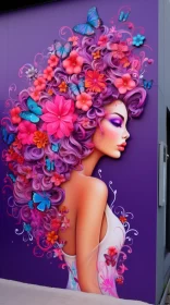 Colorful Street Mural of Woman Amidst Flowers and Butterflies AI Image