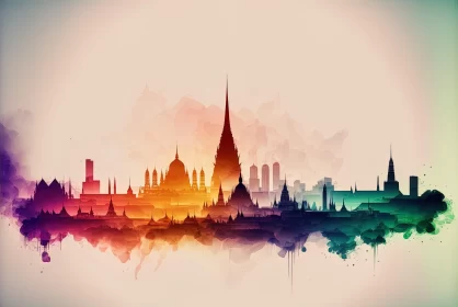 Colorful Watercolor Thai Cityscape - A Serene Architectural Illustration AI Image