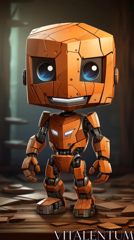 AI ART Cute Orange Robot with Blue Eyes in Mysterious Surroundings