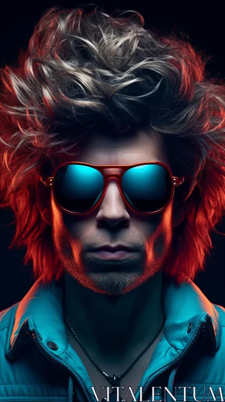 Man with Sunglasses in High-Energy Imagery with Neon Lighting AI Image