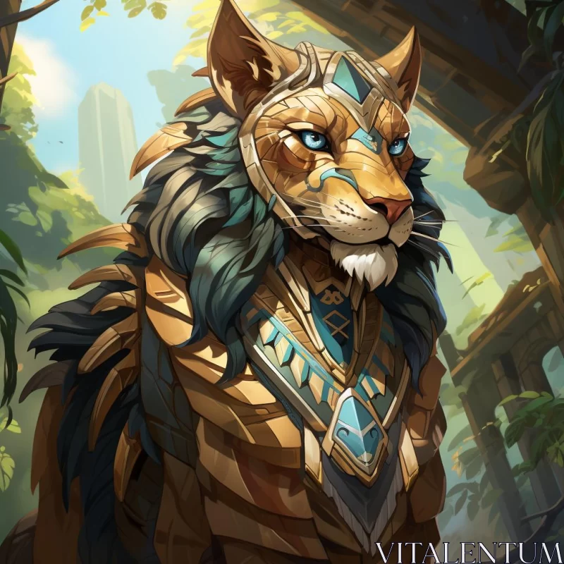 Tribal Lion in the Woods: A Fantasy Illustration AI Image