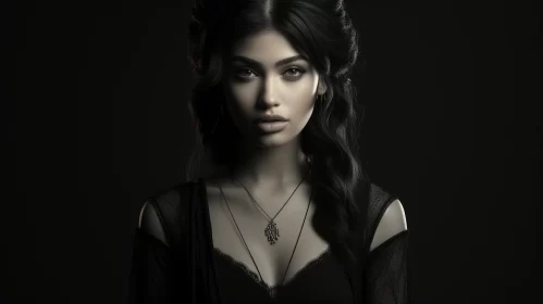 Gothic Styled Woman with Long Hair and Dark Jewelry AI Image