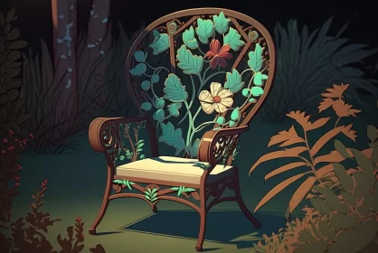 Enchanting Forest Illustration with Antique Floral Chair