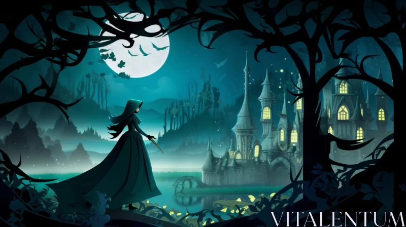 Enchanting Witch in Dark Cyan Fantasy Landscape AI Image