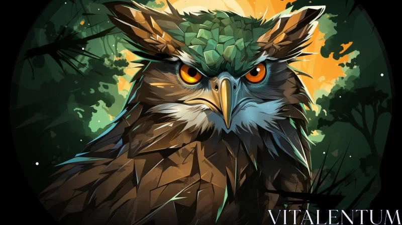 Old Owl in Forest: A 2D Game Art Style Illustration AI Image