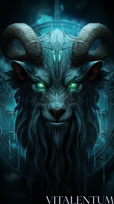 Abstract Goat's Head with Green Eyes and Horns AI Image
