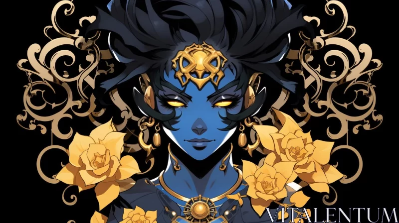 AI ART Blue-Haired Lady in Golden Flowers: A Manga-Inspired Comic Art