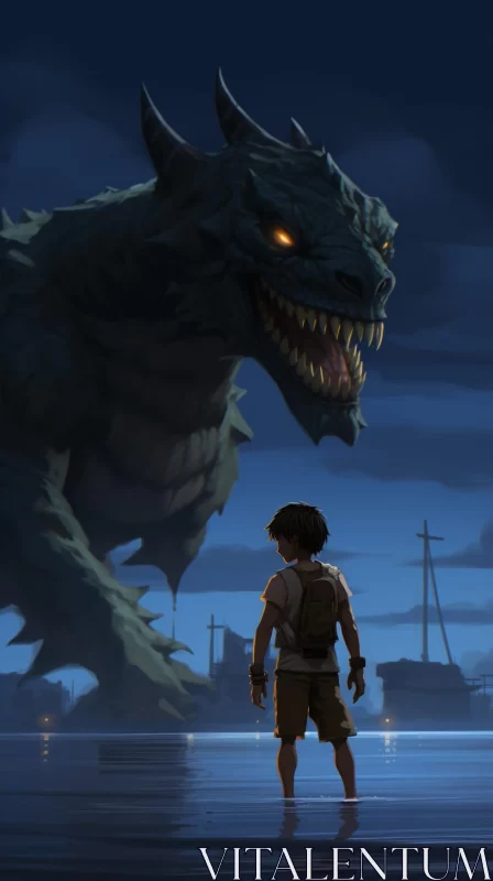 Boy Beside Monster by the Water - Anime Inspired Art AI Image