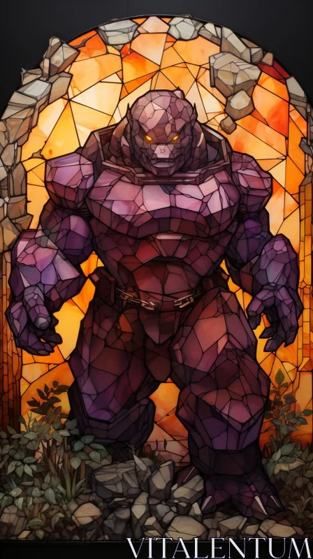 Stained Glass Purple Monster: A Fusion of Robotic and Monstrous Art AI Image