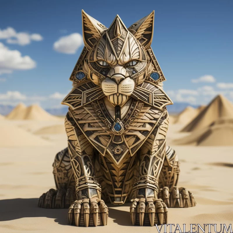 3D Model of an Egyptian Cat Statue in the Desert AI Image