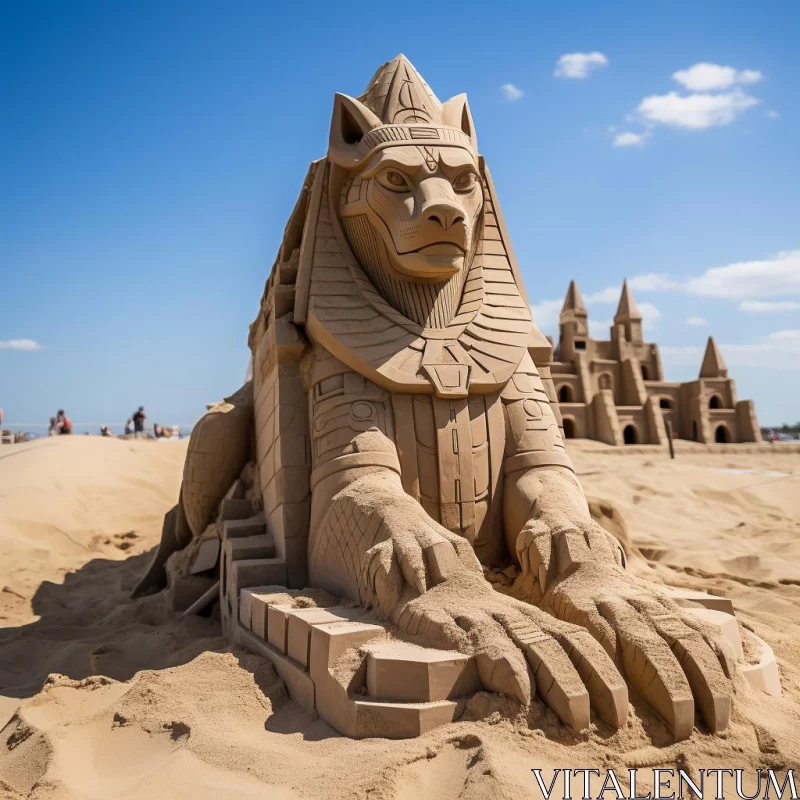AI ART Ancient Sphinx and Elephant Sand Sculpture on Coastal Setting