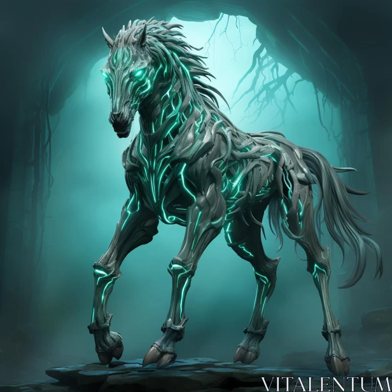 Fantasy Horse in Dark Cave: An Artistic Blend of Light Cyan, Bronze, and Dark Silver AI Image