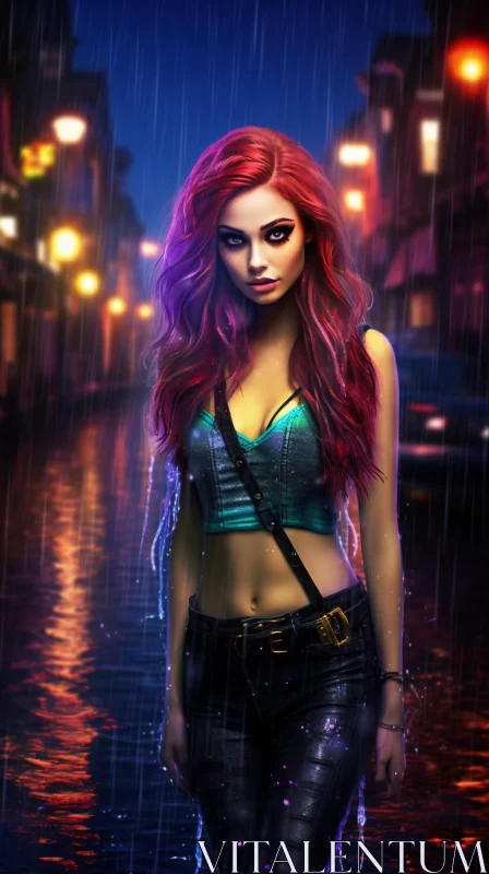 Rain-soaked Night: Woman with Red Hair in Neon-lit Urban Setting AI Image