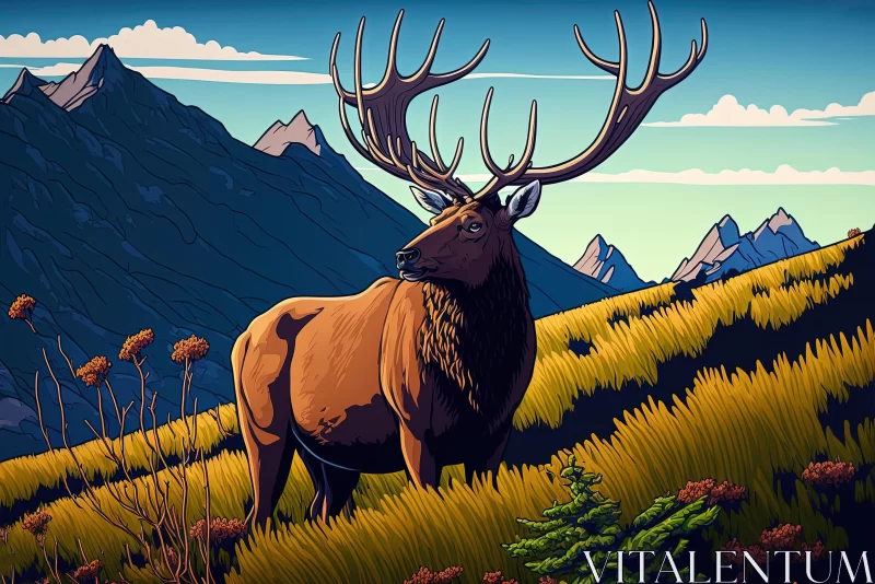 Elk in a Grass Field: A Nostalgic Illustration AI Image