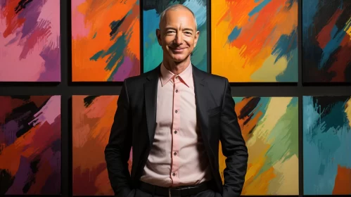 Jeff Bezos Poses with Colorful Contemporary Artworks AI Image