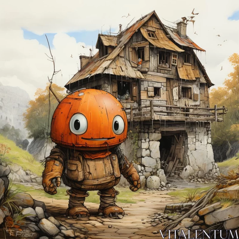 AI ART Orange Puppet in Front of Old House: A Halloween Fantasy