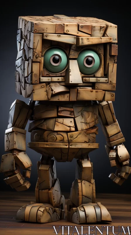 AI ART Captivating Wooden Robot with Green Eyes and Cubist Influence