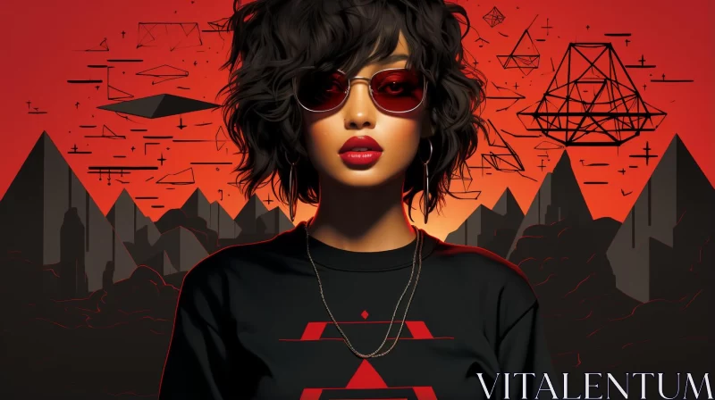 Cyberpunk Manga Style Woman in Sunglasses and Red Shirt AI Image