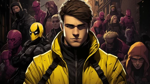 Spiderman Amidst a Crowd in Yellow Jackets - Stark Contrasts AI Image