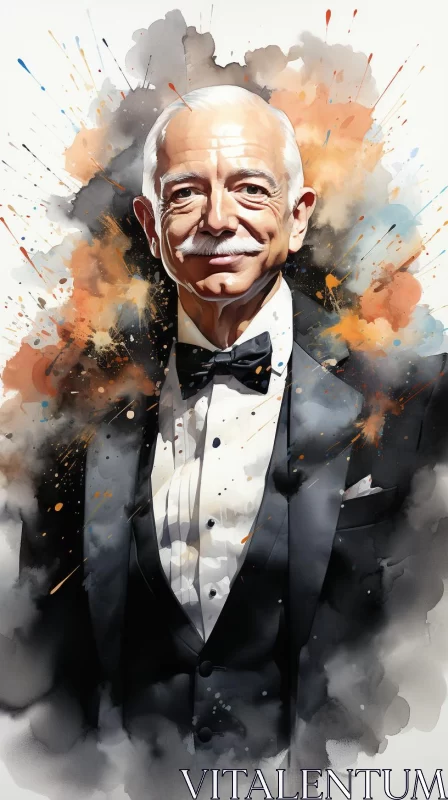 Elegant Watercolor Portrait of an Elderly Man in Suit AI Image