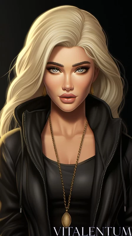 Enchanting Blonde Woman in Black Leather Jacket and Gold Jewelry AI Image