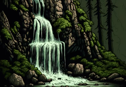 Enchanting Pixel Art Waterfall in Forest AI Image