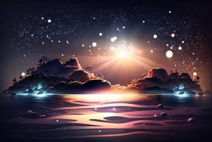 Mystical Island Night Landscape - Graphic Illustration AI Image