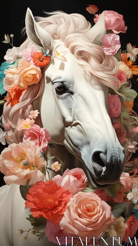 White Horse Adorned with Flowers in Baroque Style AI Image