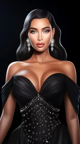 Beautiful Woman in Black Gown - Cartoon Realism and Chicano Art