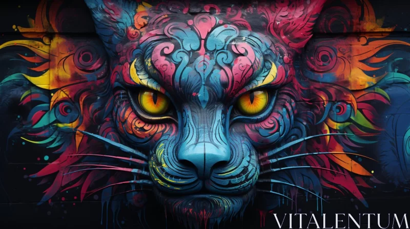 Colorful Cat Face Mural - Psychedelic Wildlife Artwork AI Image