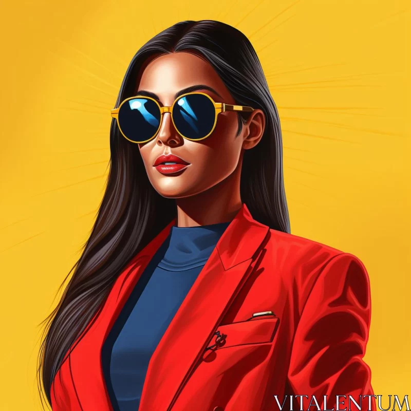 Fashion Illustration of Female Model in Red Jacket and Sunglasses AI Image