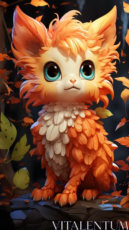 Orange Furry Cat with Blue Eyes in Woodland Setting AI Image