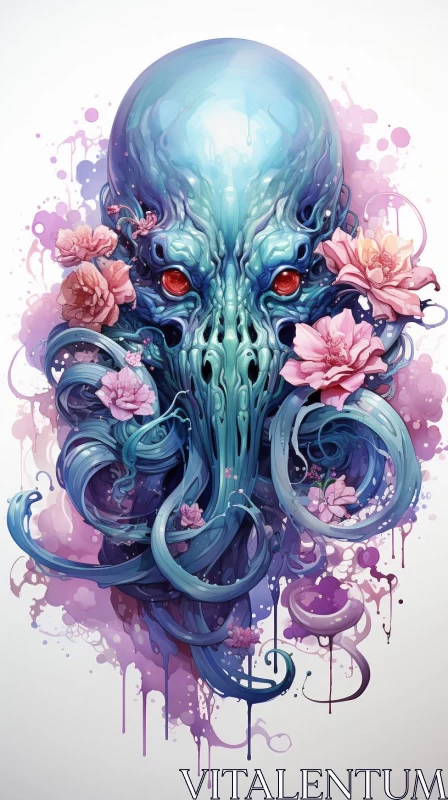 Abstract Cthulhu's Skull Amidst Florals - A Graffiti-Inspired Art AI Image