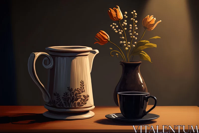 Classic Still Life: Porcelain Vase and Coffee Cup AI Image