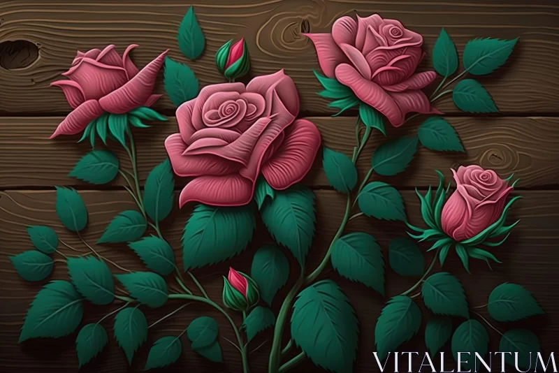 Enchanting Wood Carved Roses in Folk Art and Surrealism Style AI Image