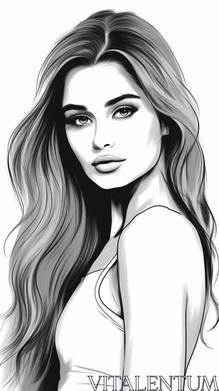 Monochrome Portrait of a Woman in Romantic Illustration Style AI Image