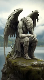 Mourning Angel Statue amidst Norwegian Nature AI Image