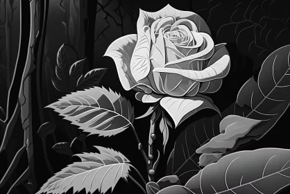 Black and White Illustration of a Rose in a Forest