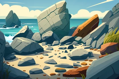 Cartoonish Game Art Beach Scene with Rocks - Yago Games AI Image