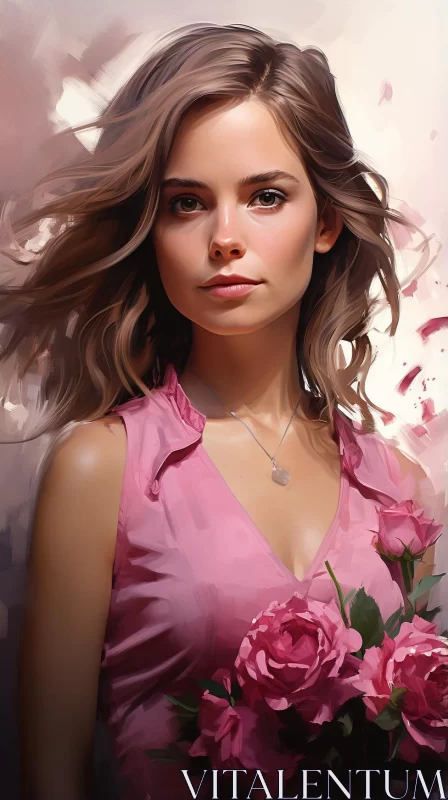 Emotive Digital Painting of Woman Holding Pink Roses AI Image