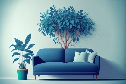 Minimalist Living Room with Blue Sofa and Nature Elements AI Image