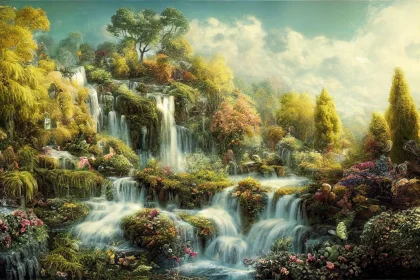 Pastoral Nostalgia: A Waterfall Amidst Nature's Beauty AI Image