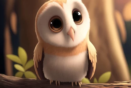 Cute Cartoon Owl in Forest - Child-like Innocence in Delicate Hues AI Image